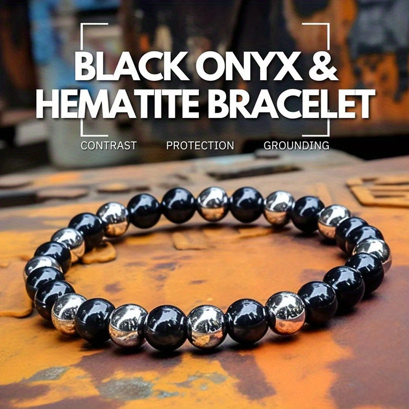 

One-of-a-kind Black Onyx & Hematite Bracelet - Stylish Match Beads, Unique Contrast Design, Edgy Hip-hop Gothic Style - Perfect Gift Idea For Loved Ones, Family Members, And Close Friends