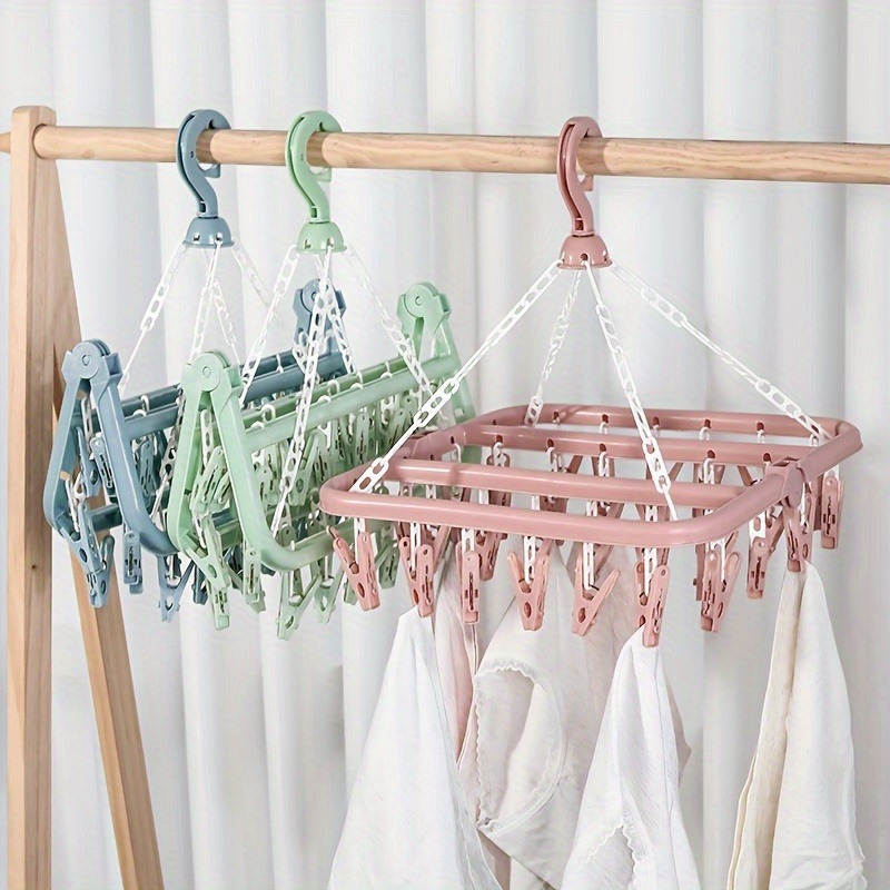 

Door-mounted 32-clip Folding Drying Rack For Laundry, Windproof Plastic Clothes Hanger With Clips For Socks, Underwear, And Small Garments - Space-efficient Organizer, Durable And Reliable