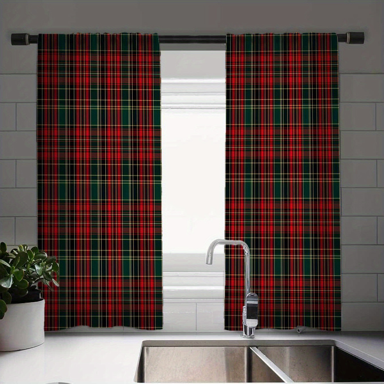 

Elegant Christmas Plaid Curtains: Vintage For Kitchen, Farmhouse, Living Room, And Bedroom Decor