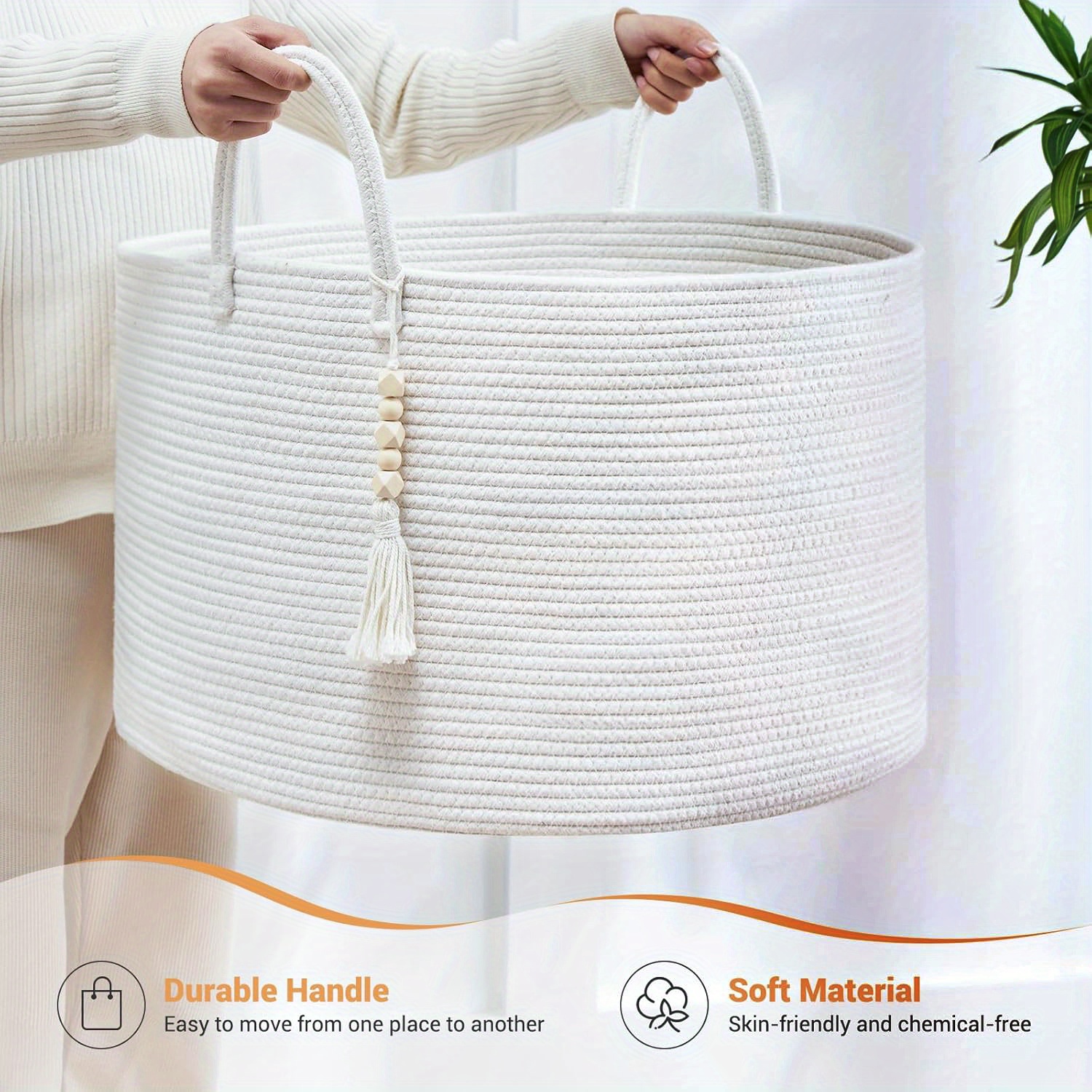 Image of 1pc - Oversized Decorative Laundry Basket In White, Ideal For Storing Blankets And, Suitable For Nursery, Living Room, Or Bedroom, Large Rope Hamper Measuring 20 Inches, In