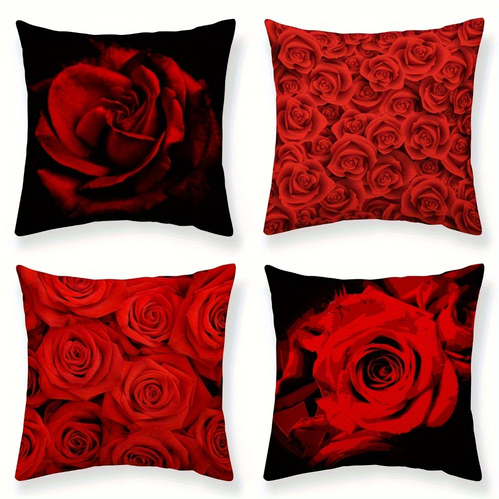 

4pcs Red Rose Printed Polyester Cushion Covers - Zippered, Machine Washable Pillowcases For Bedroom & Sofa Decor (cushions Not Included)