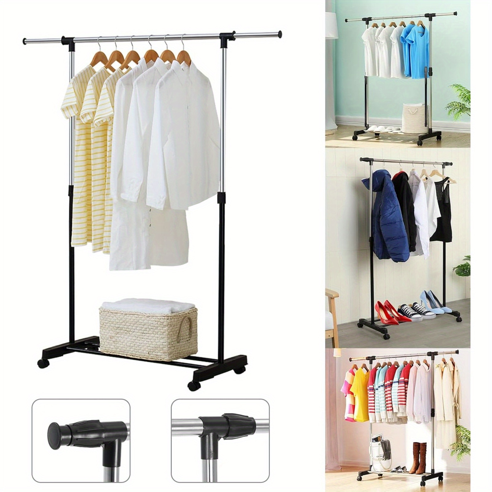 Clothes Rail, Portable Clothes Rack On Wheels, Extendable Hanging Rails For Clothes, Display Rack For Bedroom Laundry Rooms