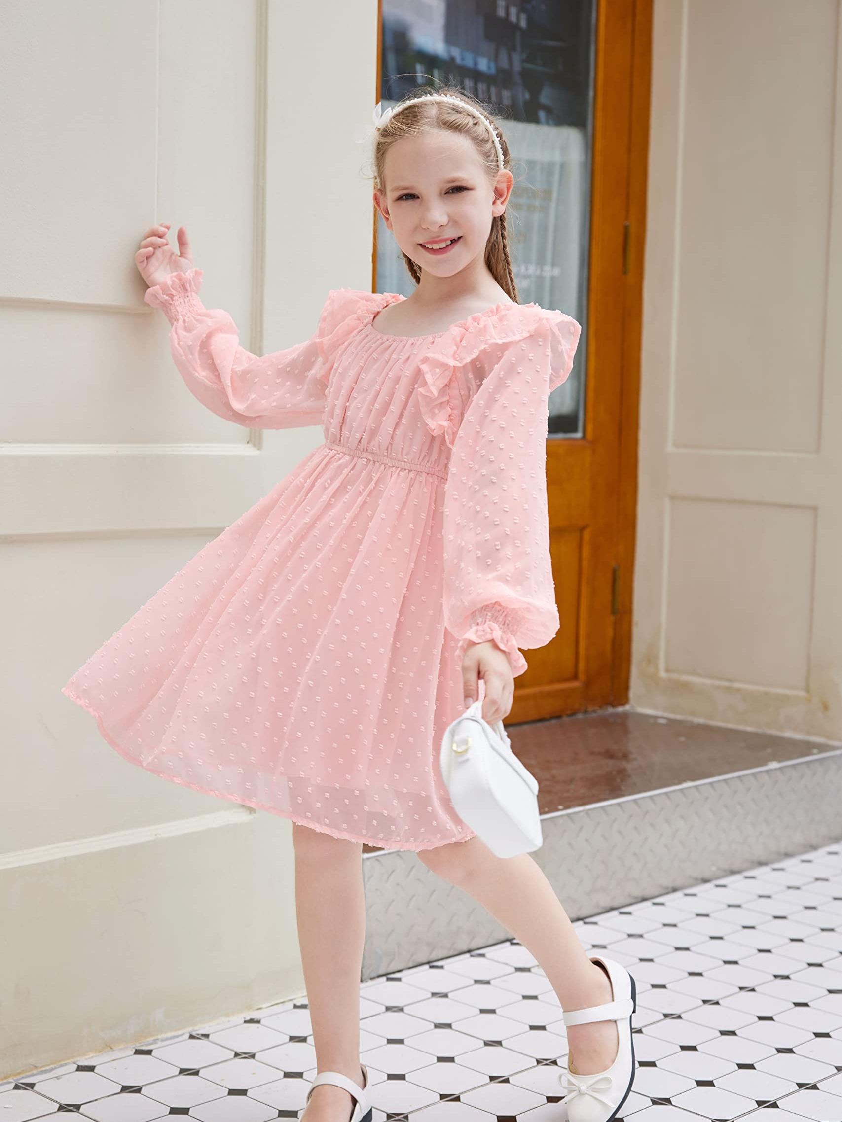girl's sleeve dot dress stretchy a line - Temu