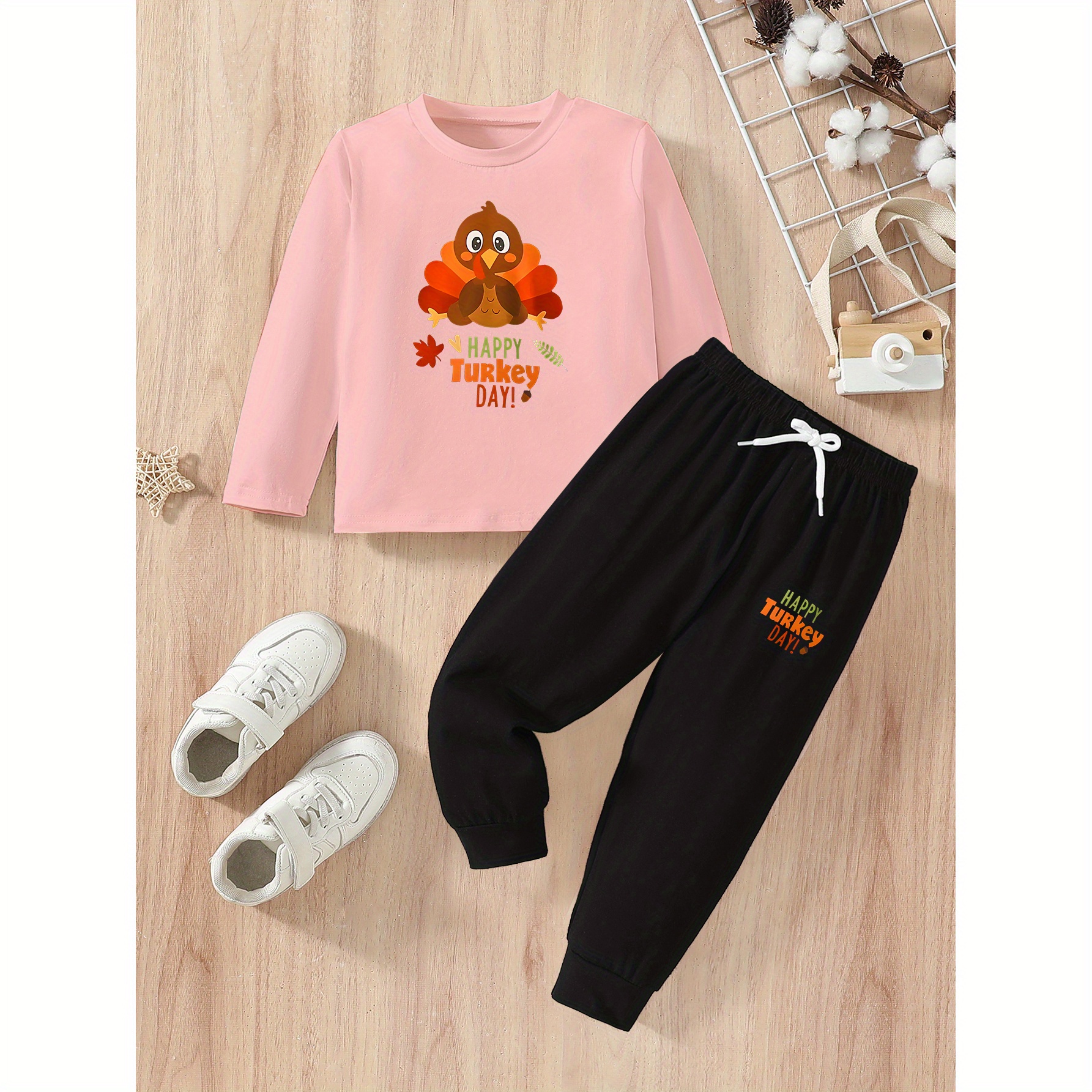 

Happy Turkey Day, Thanksgiving Baby Girls Casual Long Sleeve T-shirt & Pants Set, 2pcs Soft Comfy -ord Set, Spring/fall/winter Cute Trendy Girls Versatile Everyday Holidays Wear