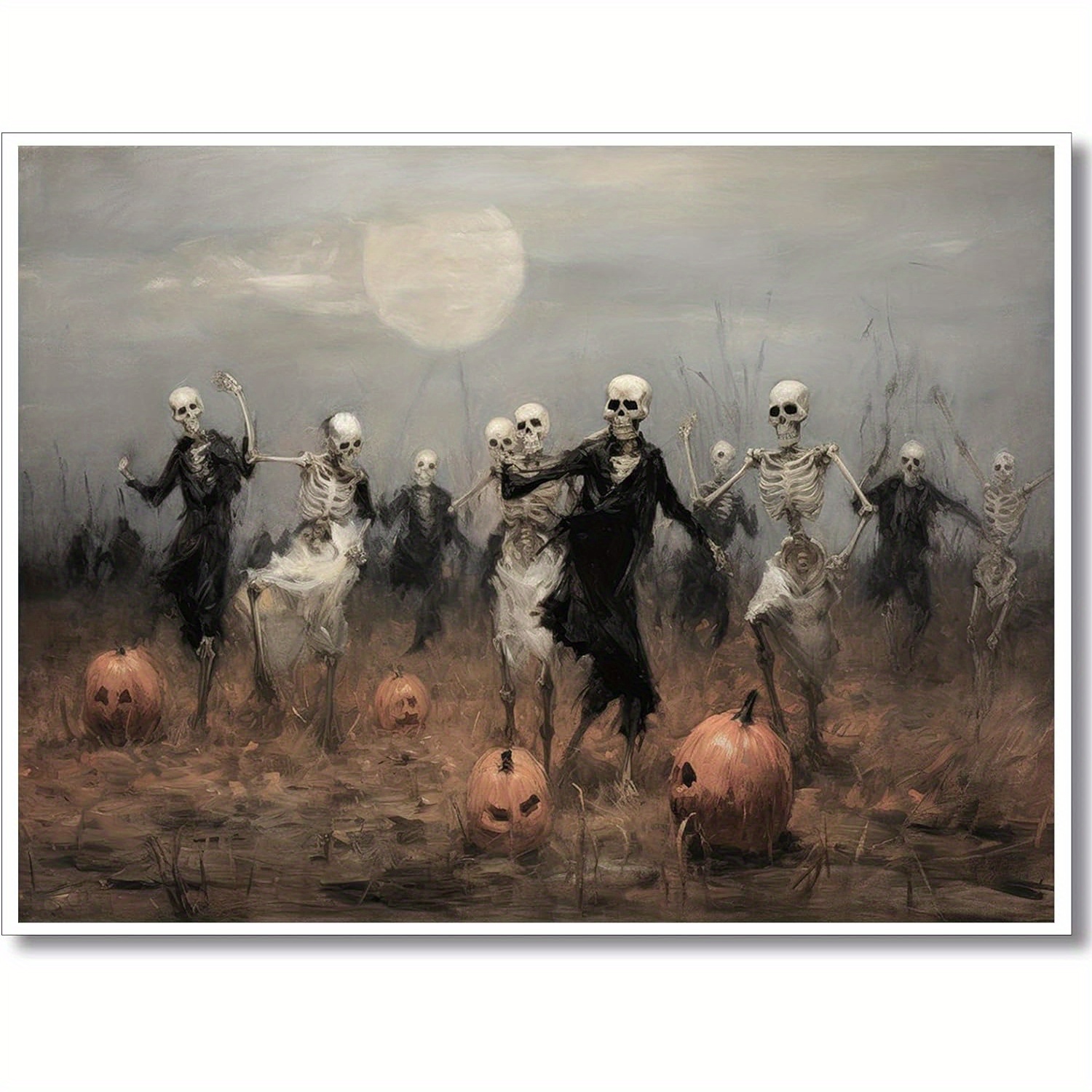 

Vintage Wall Art, Skeletons Dance Party Pictures Wall Decor, Neutral Pumpkin Prints Posters, Dark Academia Decor 12x16in Framed