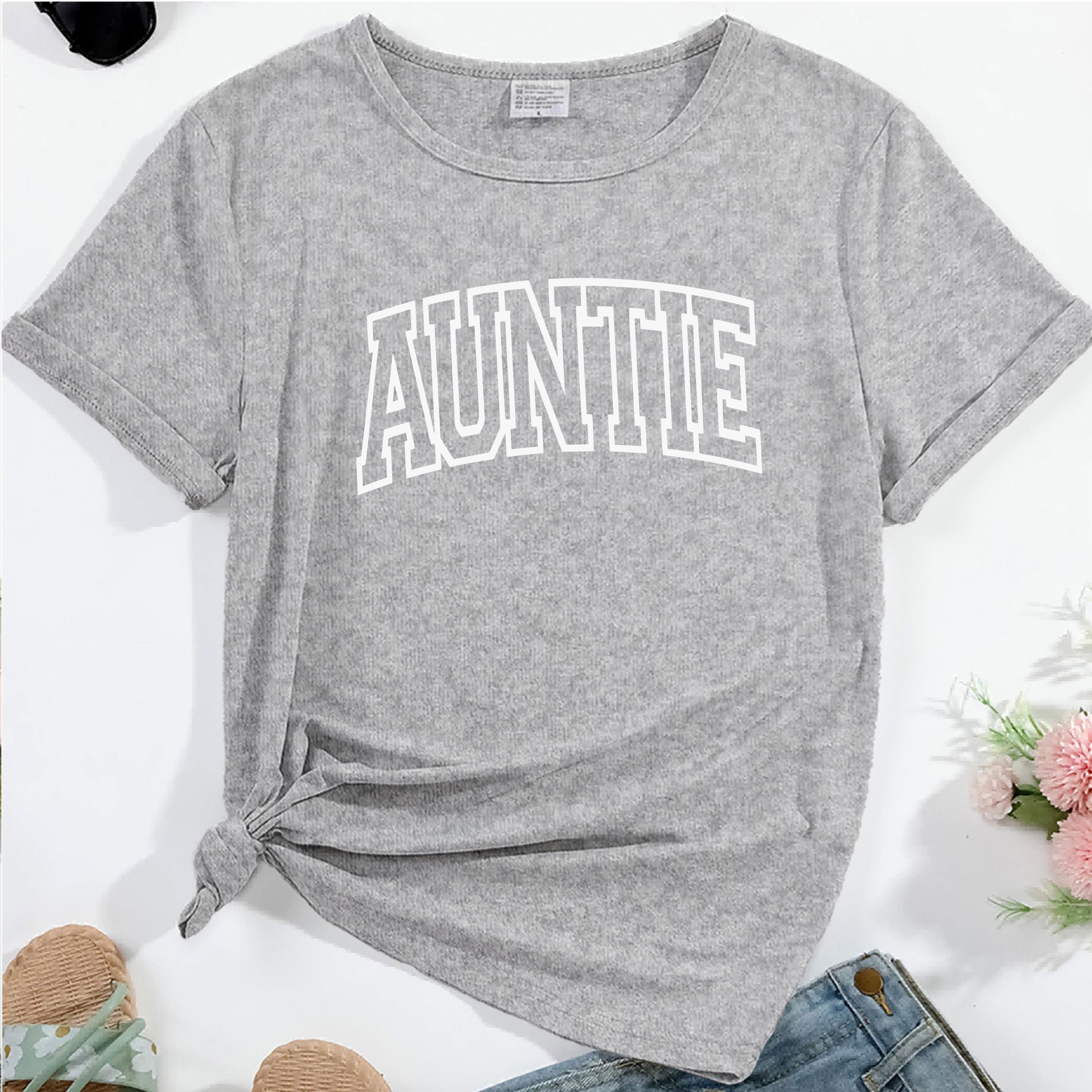 

Letter Auntie Graphic Print T-shirt, Short Sleeve Crew Neck Casual Top For Summer & Spring, Women's Clothing