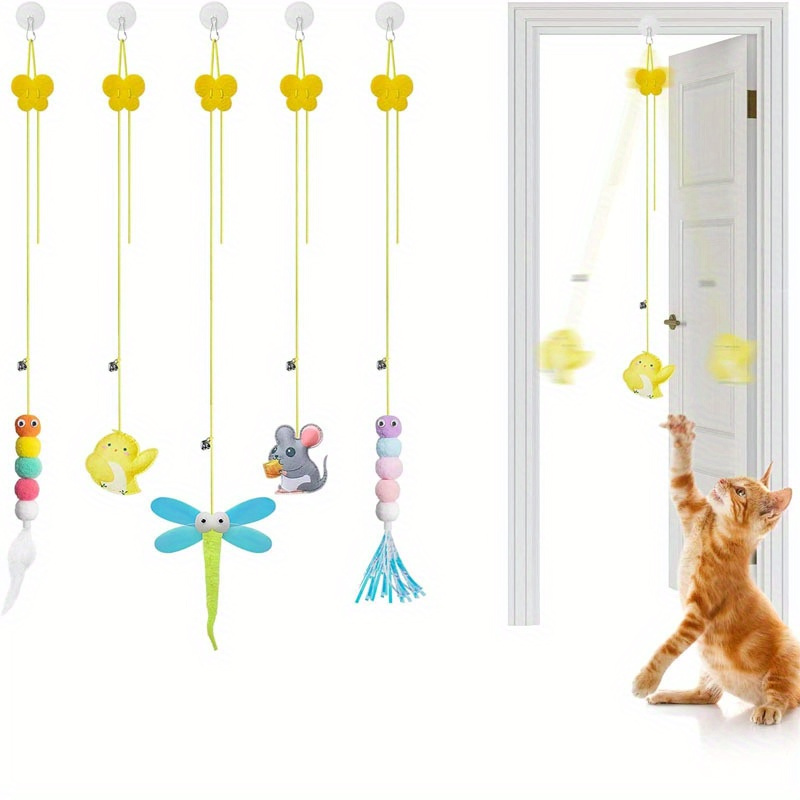 TEMU 5-piece Cat Toy Set, Hanging Elastic Feather Cat Teaser, Self-entertainment Swing Door Hanging Bell Mouse Cat Supplies