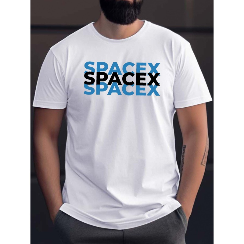 

Overlapping Text Spacex Print Men's Short Sleeve Casual T-shirt, Crew Neck Tee Tops, Summer Outdoor Daily Wear