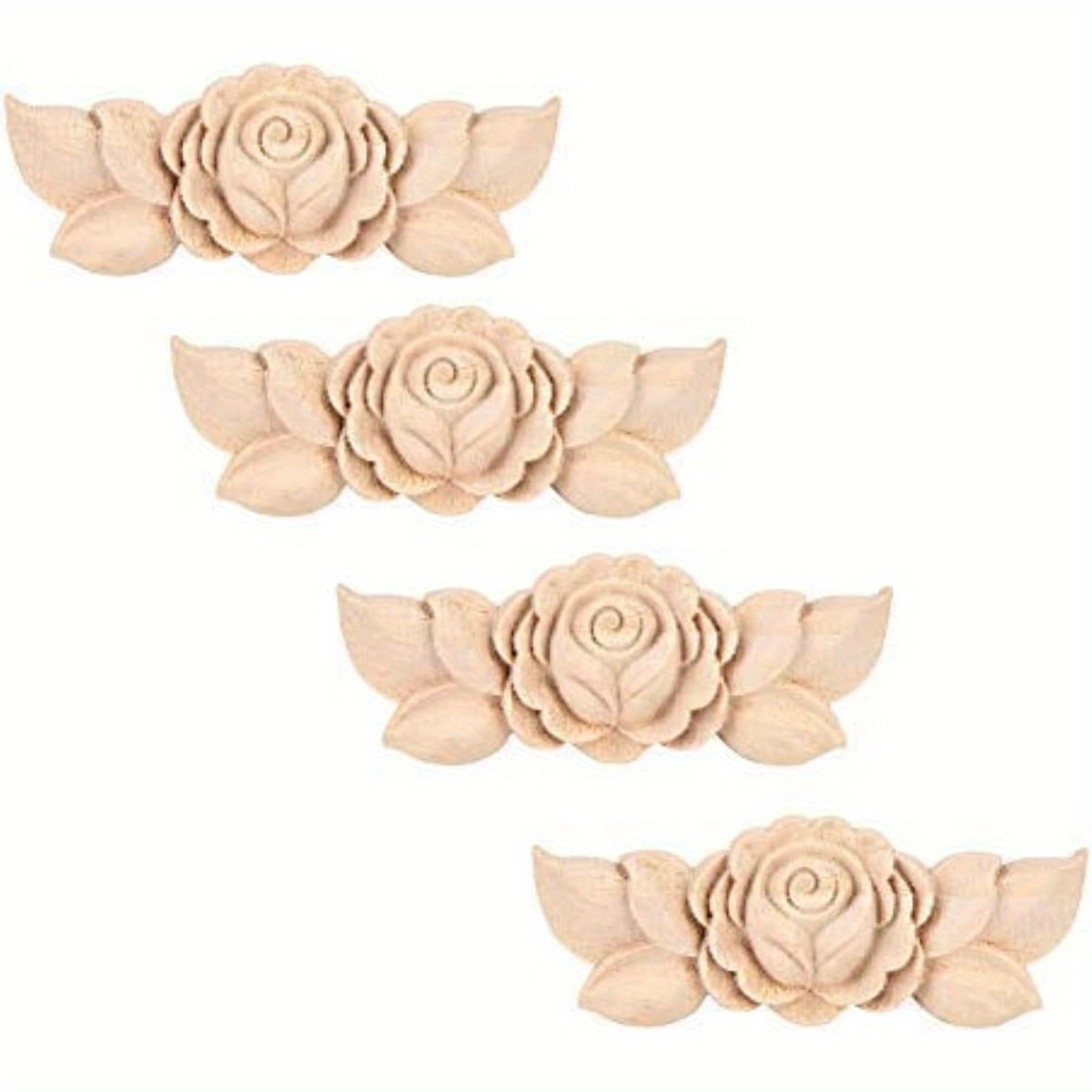 Image of 4pcs Carved Door Appliques, 3.5 * 1.4in Wood Flower Carved Corner Applique Unpainted Decal Vintage European Style Flower Corner Door Cabinet Wall Frame For Home Decor