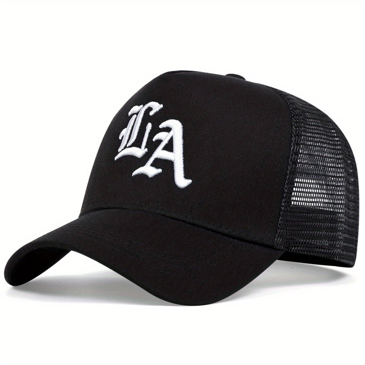 TEMU Men Gothic Letter La Embroidered Baseball Mesh Hat Outdoor Sport Adjustable Sunscreen Leisure Hat Spring Autumn Travel Tourism Beach Vacation