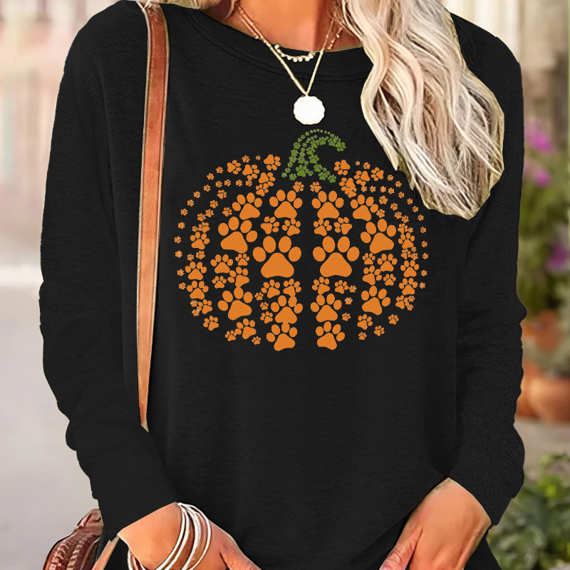 

Pumpkin Print T-shirt, Long Sleeve Crew Neck Casual Top For Spring & Fall, Women's Clothing