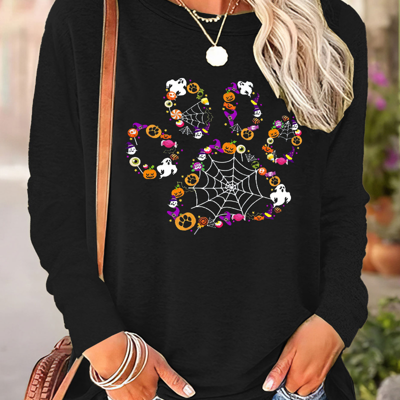 

Paw Print T-shirt, Long Sleeve Crew Neck Casual Top For Spring & Fall, Women's Clothing