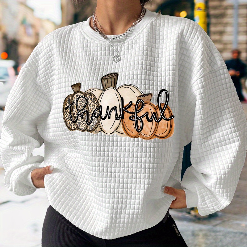 

Print Waffle Sweatshirt, Casual Long Sleeve Crew Neck Sweatshirt, Women's Clothing