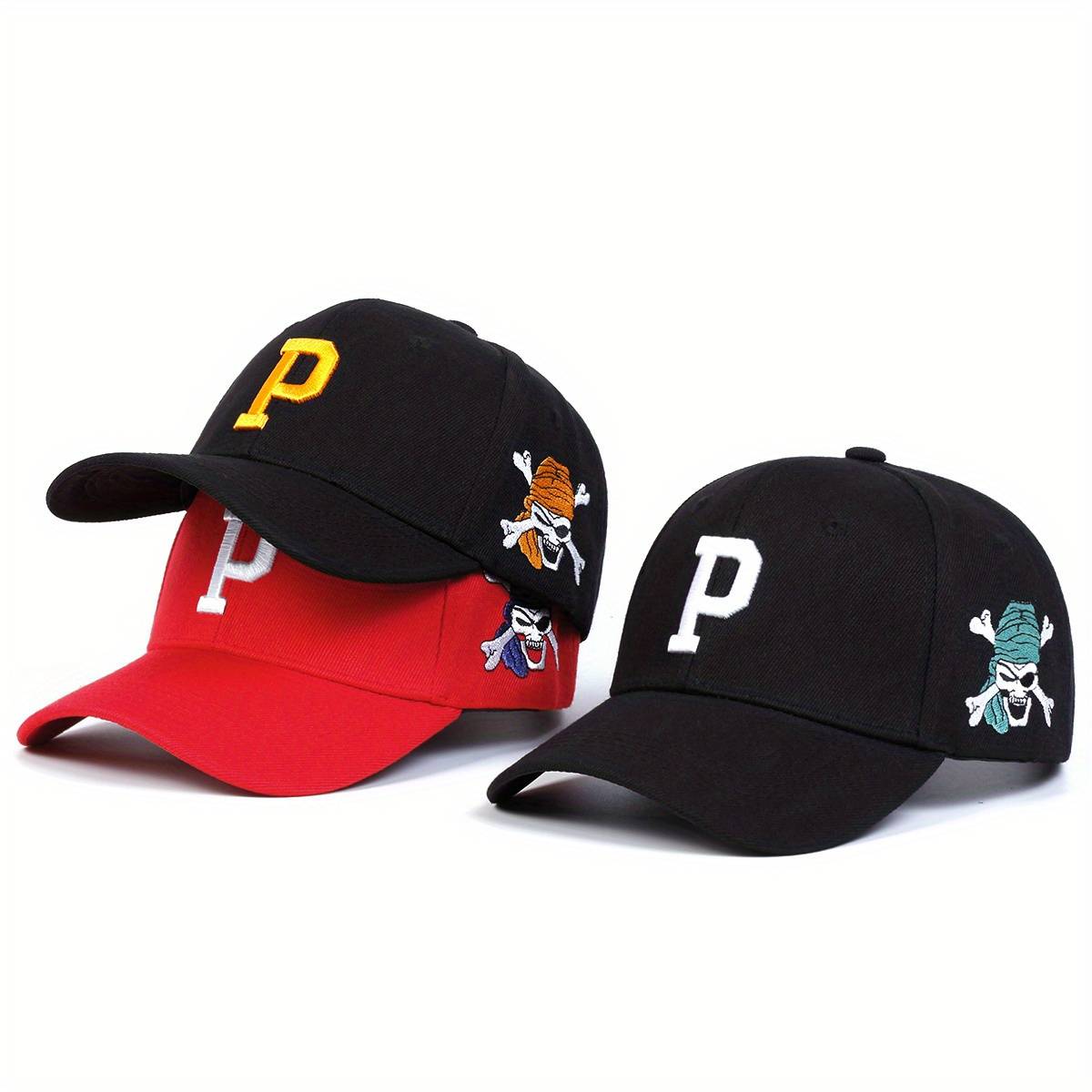 

Men Letter P Side Pirate Embroidered Baseball Cap Outdoor Sport Adjustable Sunscreen Leisure Hat Spring Autumn Travel Tourism Beach Vacation