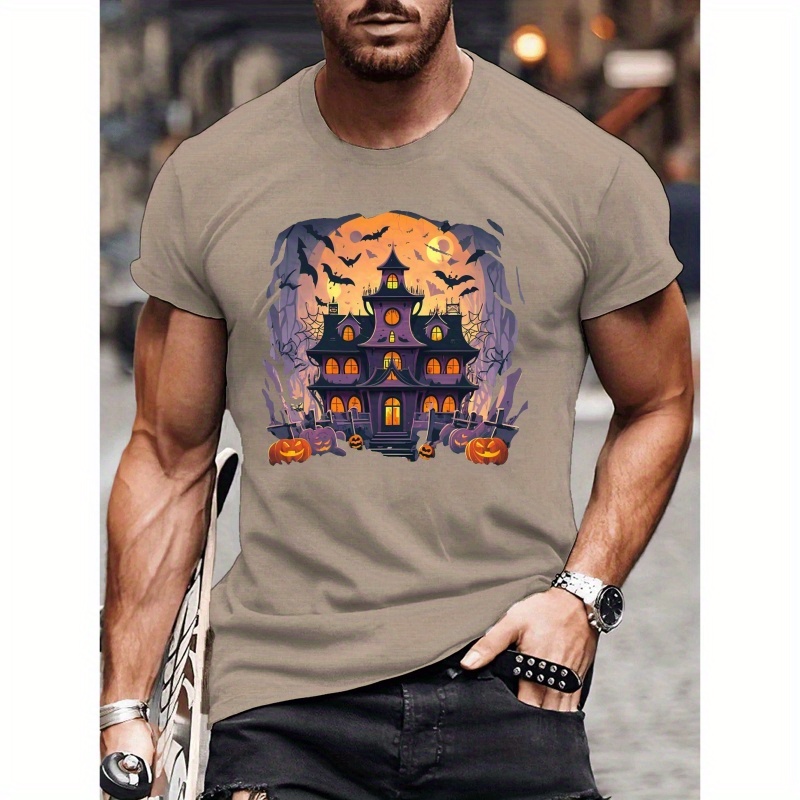 

Plus Size Men's Summer T-shirt, Spooky Home Design Graphic Print Short Sleeve Tees Trend Casual Tops For Daily Life, Big & Tall Guys