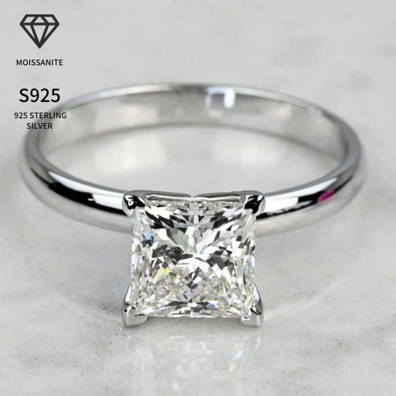 1CT Princess Cut Moissanite Engagement Ring Classic 925 Silvery