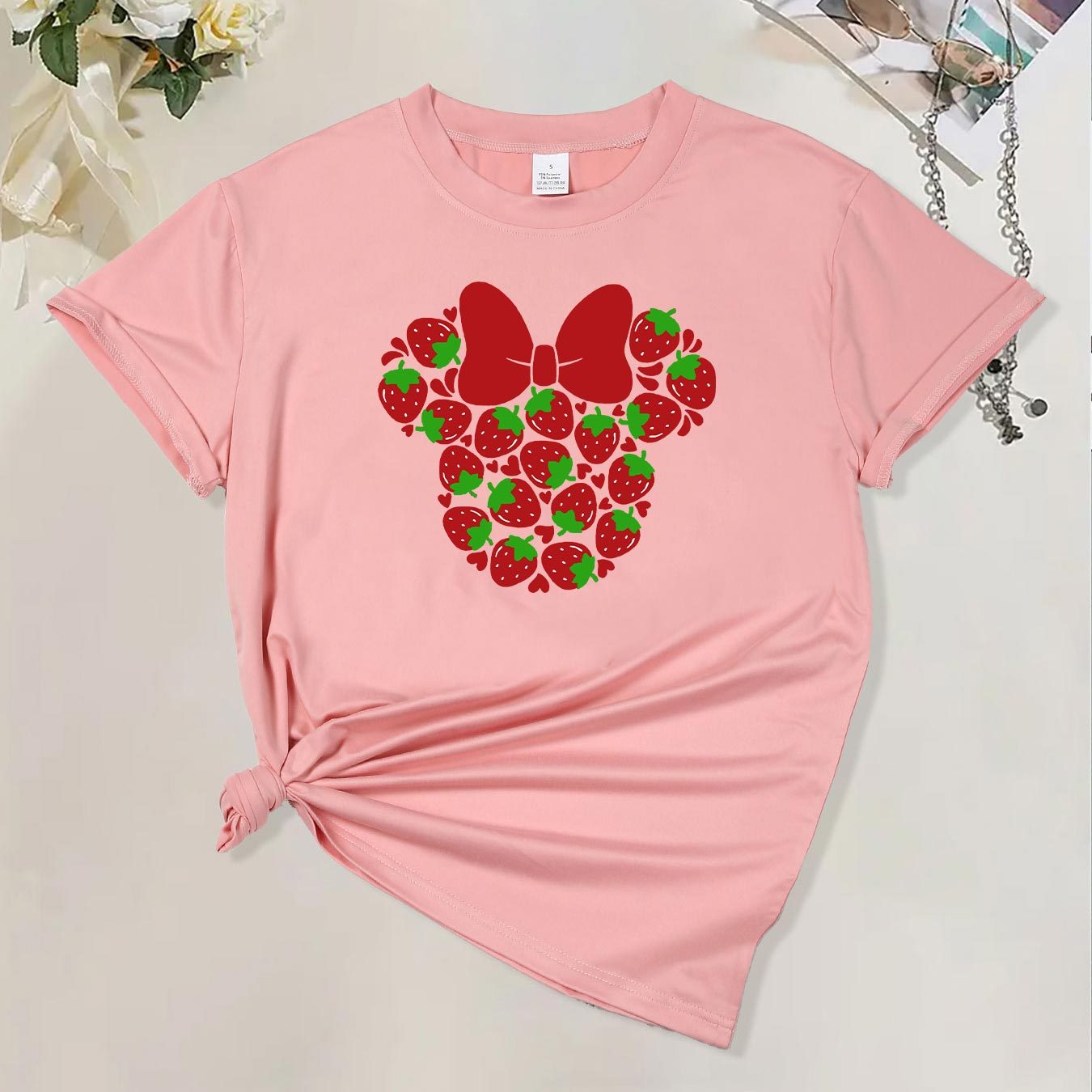 

Women's Strawberry Mouse Graphic Tee - Soft & Stretchy Polyester , Casual Round Neck Short Sleeve Shirt In Multiple Colors