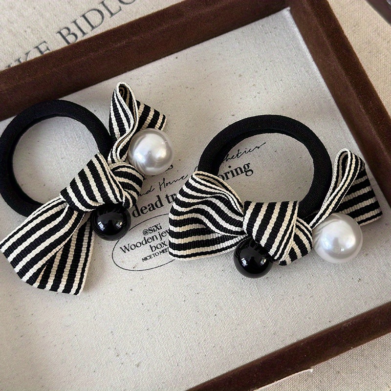 

Elegant Vintage Style Hair Scrunchie, Striped Bow With Pearls, Fabric Hair Ring, Single Piece, Fashion Hair Accessory