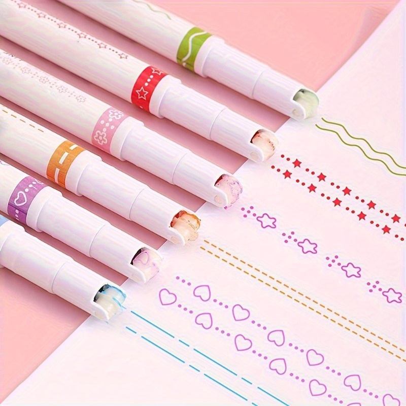 

6pcs Quick-dry Highlighters - Vibrant, Markers With Unique Shapes For Creative Diy , Colorful Lace Art Pens In Assorted Patterns