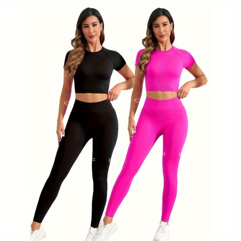 

2 Sets Seamless Nylon High Yoga Fitness Sports Short Sleeve Top And Slimming Butt Lifting Running Bottom Set