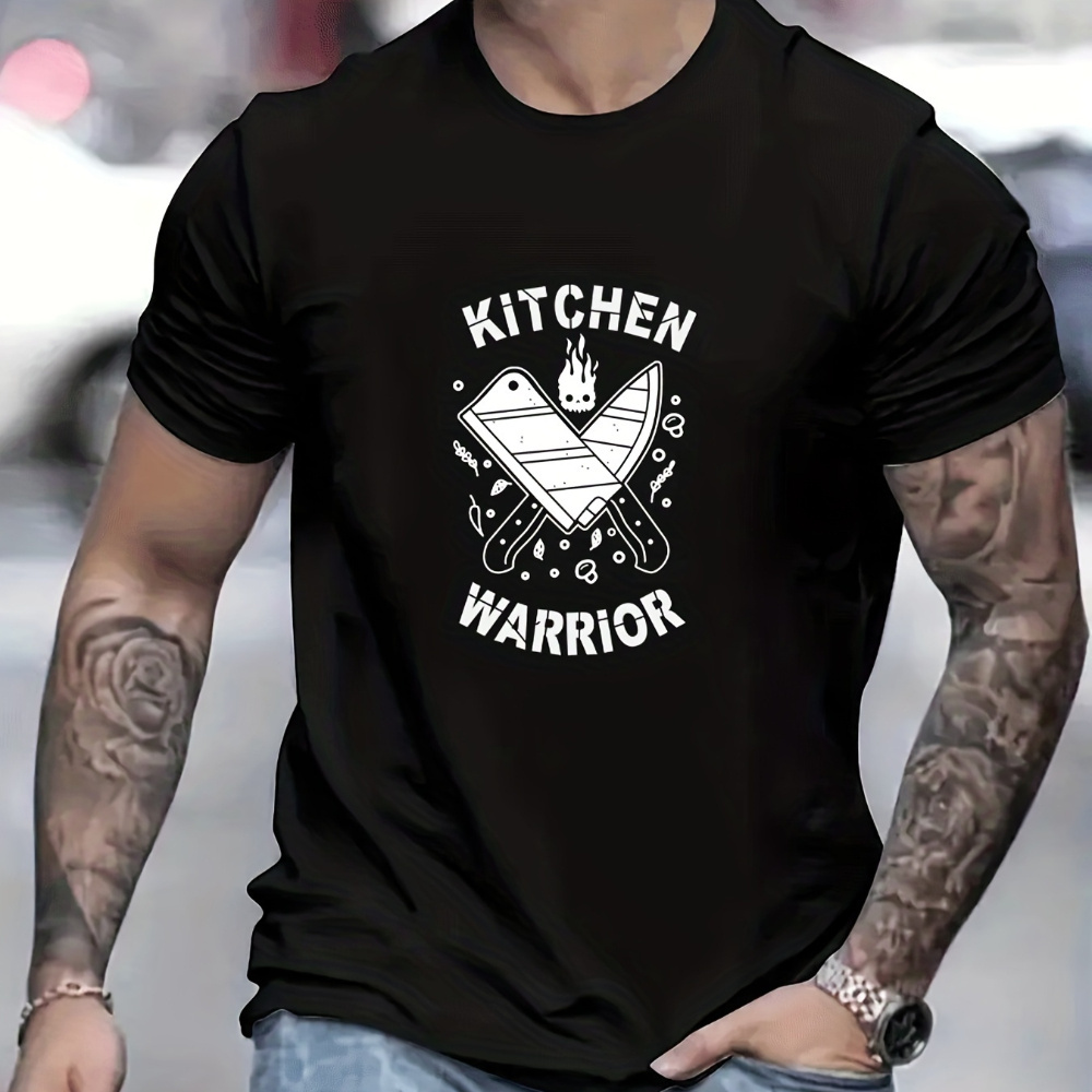 

Kitchen Knives Patterned T-shirt, Men's Casual Street Style Elastic Round Neck T-shirt, Suitable For Summer