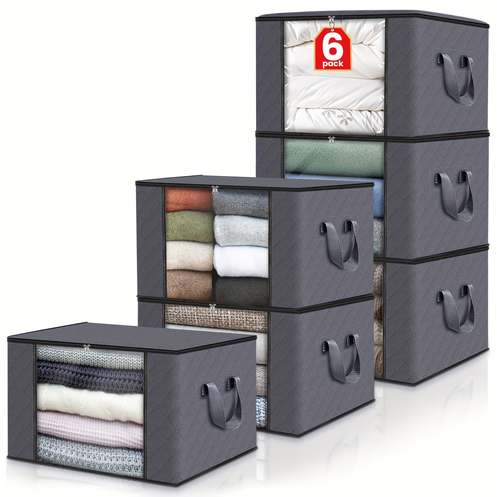 

6 Pack Clothes Storage, Foldable Blanket Storage Bags, Storage Containers For Organizing Bedroom, Closet, Clothing, Comforter, Organization And Storage With Lids And Handle, Grey