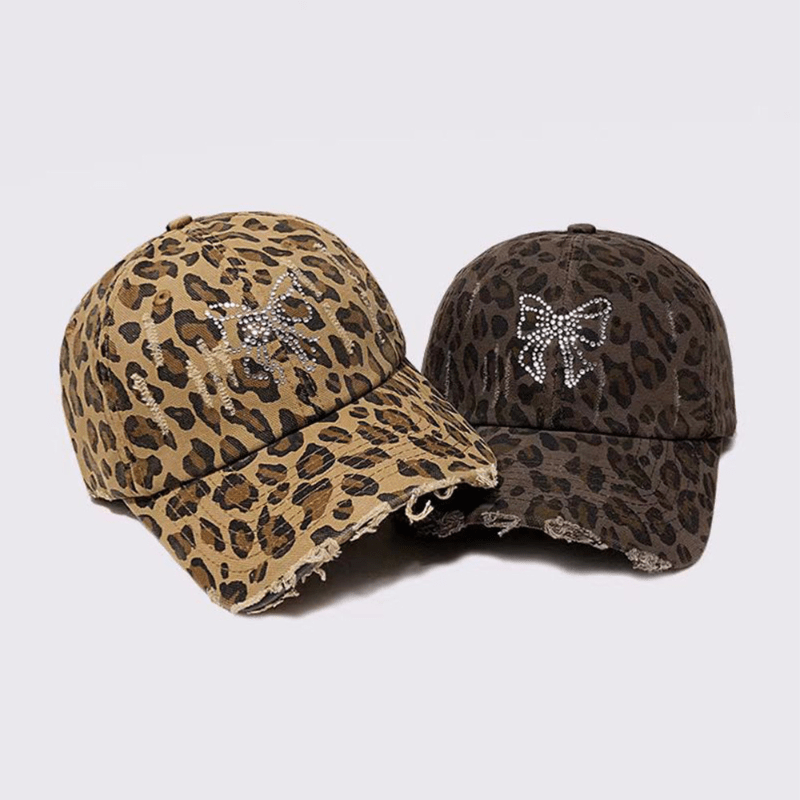 

Women's Leopard Print Distressed Cotton Baseball Cap With Rhinestone Bowknot, Sexy Style Adjustable Sports Hat For Spring Summer