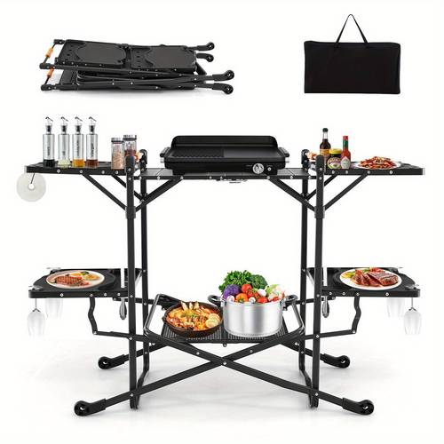 outdoor cooking table with aluminum heat resistant surface and four side tables