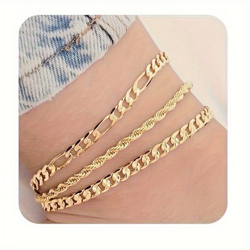 

3pcs Stainless Steel Anklets Set For Women - 14k Golden Plated, Waterproof, Sturdy Lobster Clasp - Cuban Link, , Rope Chains - Versatile For All Seasons, Ideal For Daily Wear And Gifts