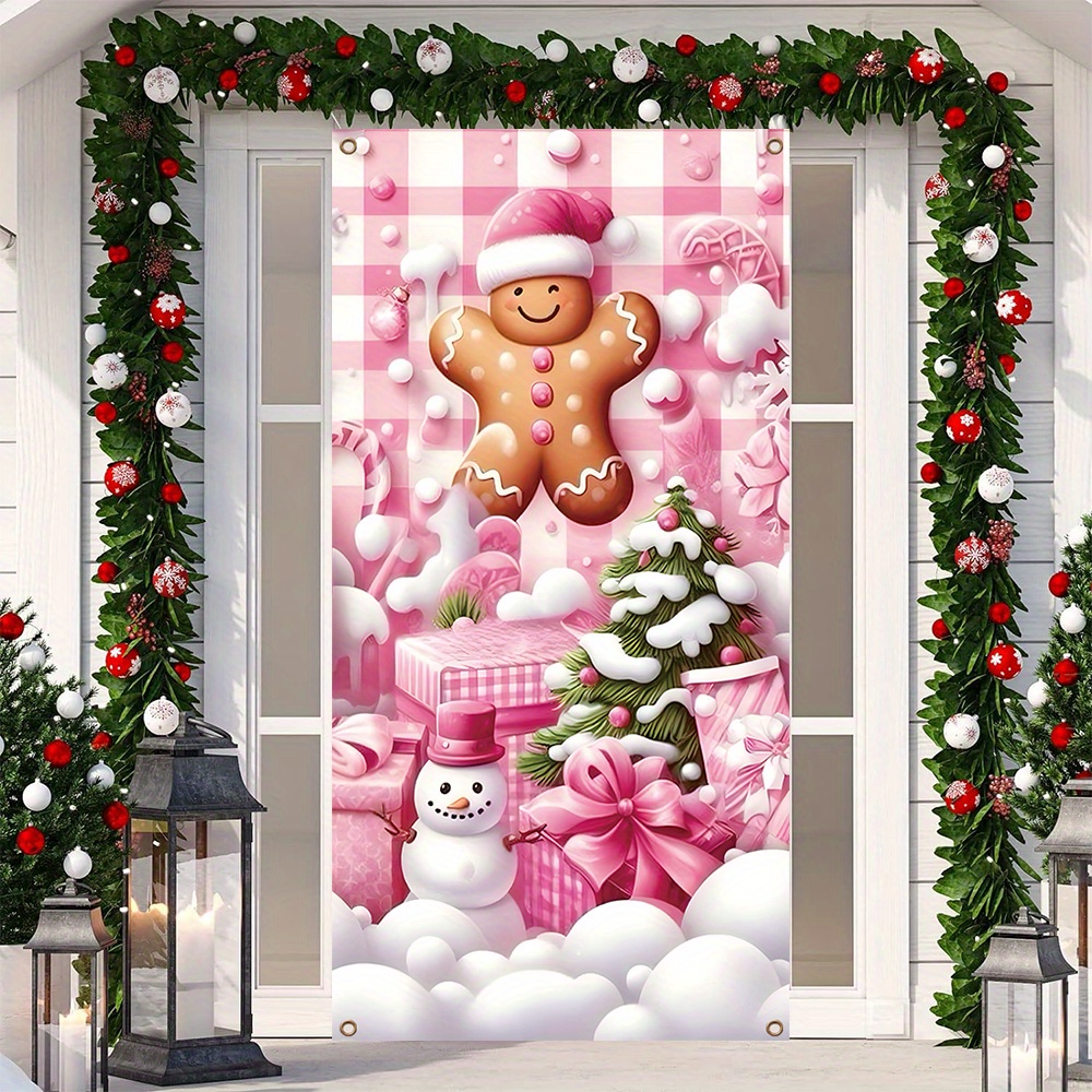 

Gingerbread Christmas Banner - Pink Candyland Theme, Polyester, Front Door & Indoor/outdoor Photo Booth Decor