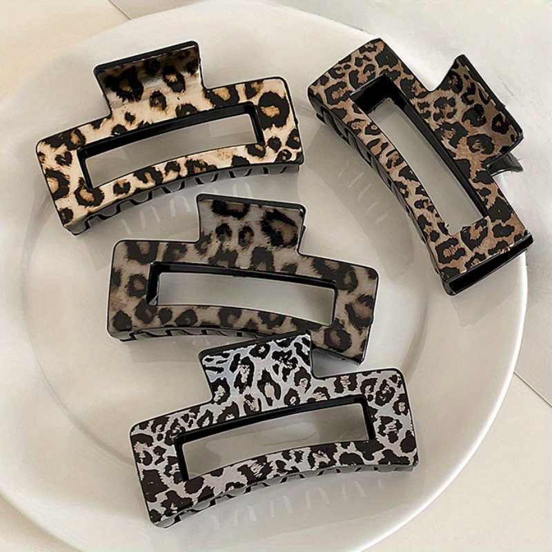 

4pcs Leopard Print Hair Claw Clips For Women - Large, Non-slip Acrylic Jaw Clips For Thick Hair - Vintage Boho Style