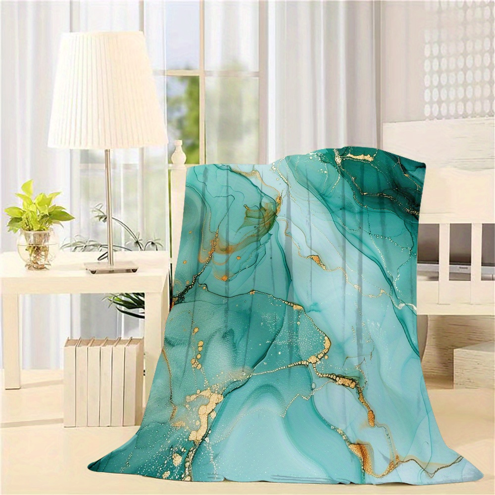 

Contemporary Teal Digital Print Flannel Throw Blanket - All Seasons Polyester Fleece Cozy Sofa Blanket, Lightweight Machine Washable Bedspread With Marble Pattern, Versatile Home Decor