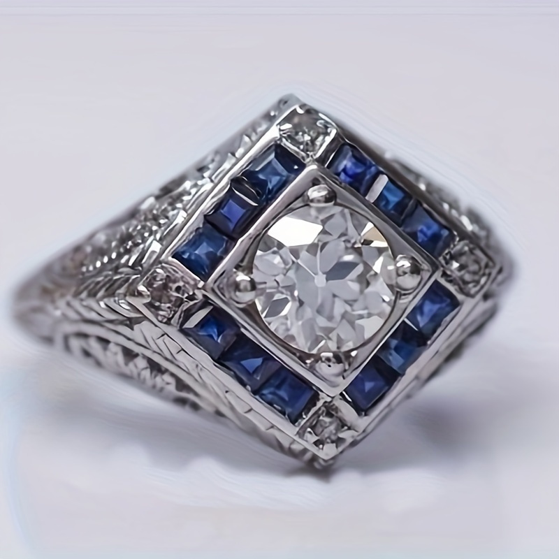 

1pc S925 Silver Inlaid Main Stone 1-carat Inlaid Secondary Stone Blue Corundum Ring Unisex Banquet Party Gift Daily Wear