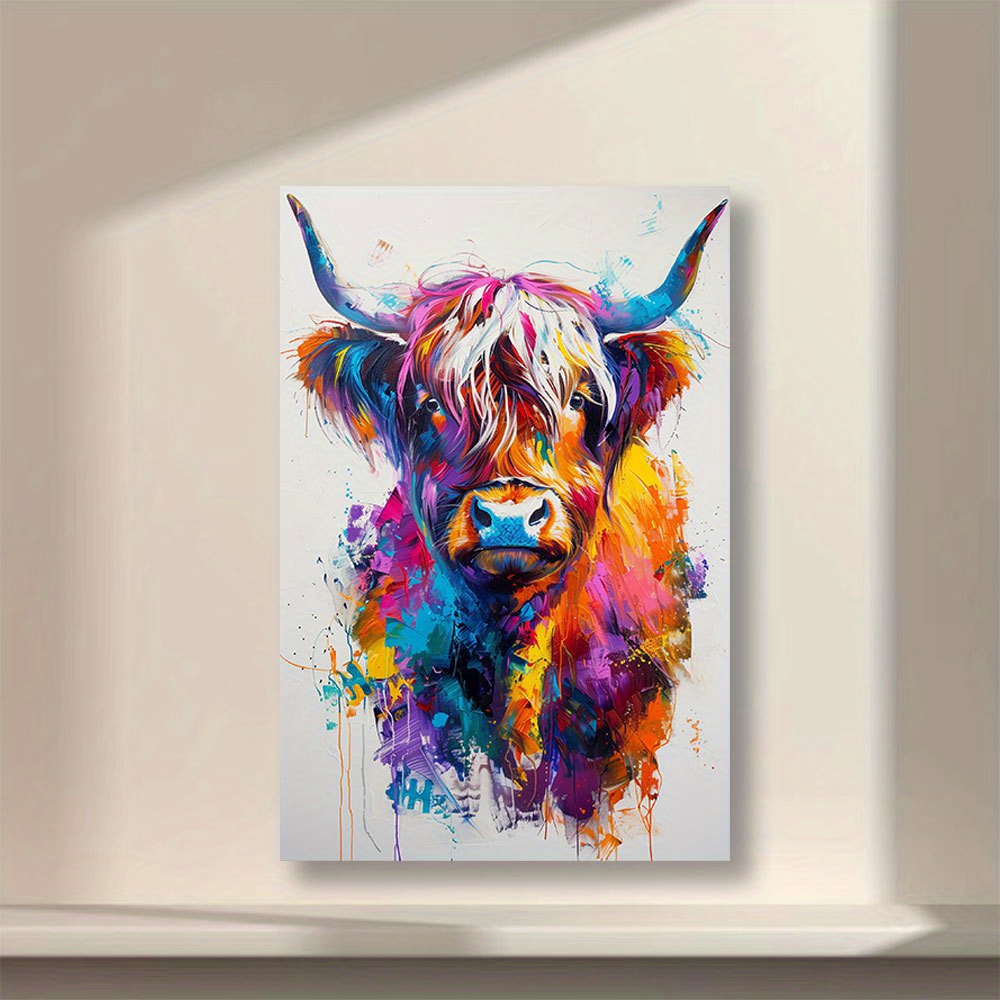 

Highland Cow Canvas Wall Art Print, Vibrant Splash Color Style, Unframed 16x24 Inch, 1pc, Home Decor For Bedroom, Kitchen, Office, High-quality Artwork For Gift And Cafe Decor