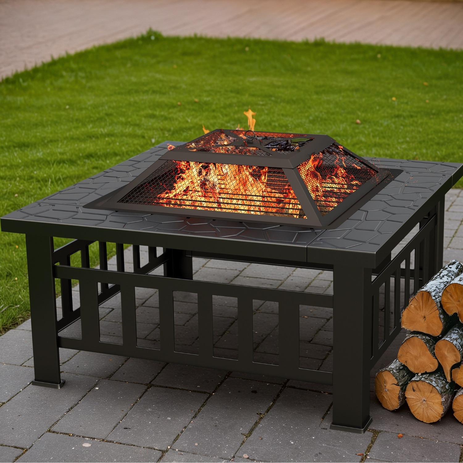 

32" Patio Square Fire Pit Table For Patio , Ice Storage With Mesh Lid, And Cover