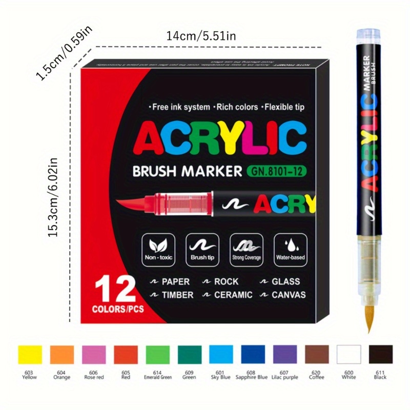 

Acrylic Paint Pens - 12pcs Vibrant Acrylic Paint Pens - Soft, Flexible Brush Tip For , For Canvas, Rock, Wood, Stone, Glass, Ceramic, Fabric Painting Halloween Christmas Gift