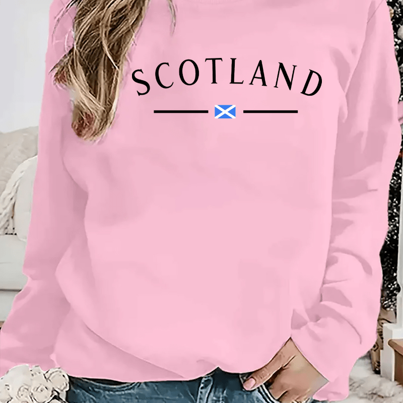 

Scotland Letter Print Crew Neck Sweatshirt For Women - Casual Long Sleeve Knit Polyester Pullover With Slight Stretch - All Season Comfort Fashion Top