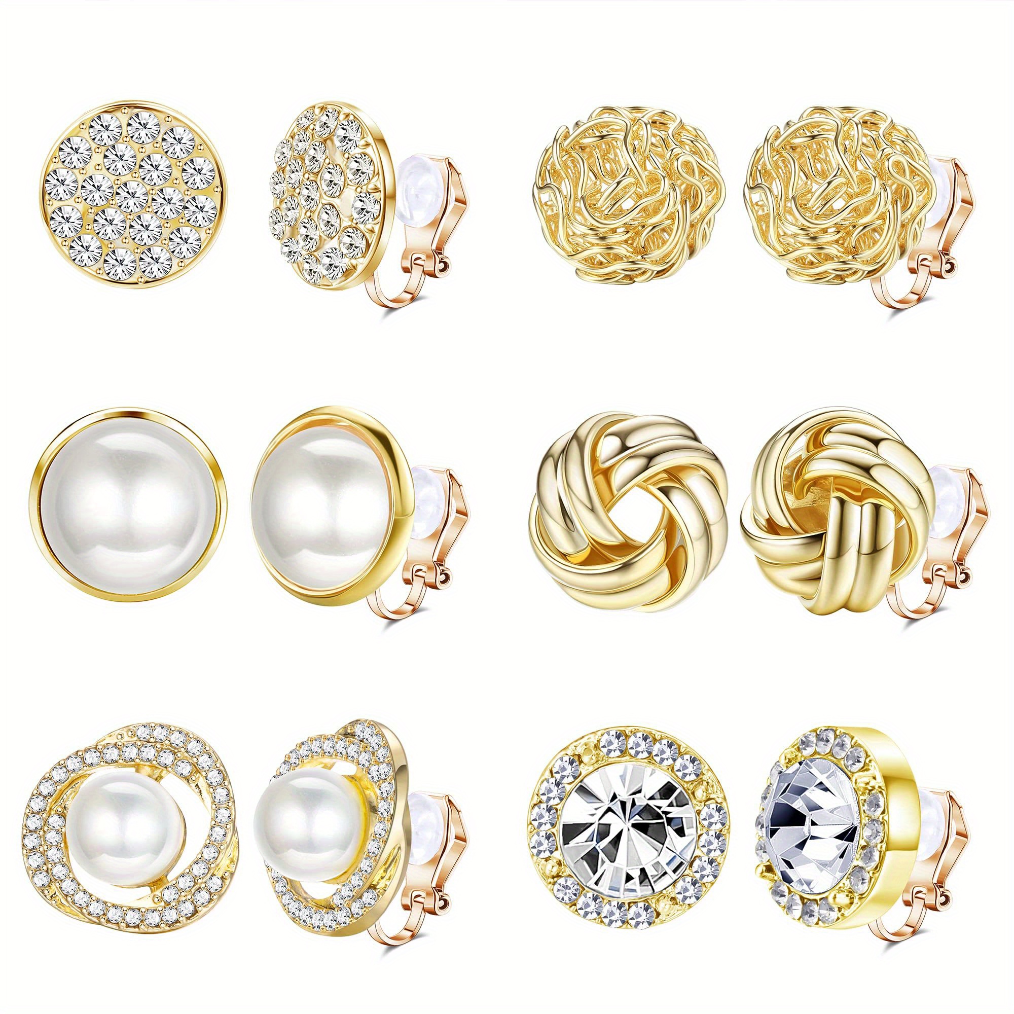 TEMU Elegant 6pcs Pearl & Rhinestone Clip-on Earrings Set - Versatile Twisted Knot Design For Weddings & Everyday Chic