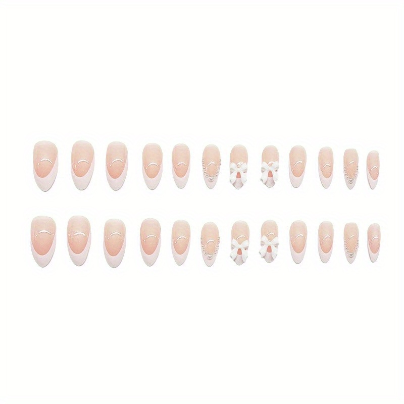 TEMU French 3d Bow Pearls Press On Nail, White Tip Acrylic Fake Nails Full Cover Artificial Nails Finger Manicure For Women Manicure Decoration