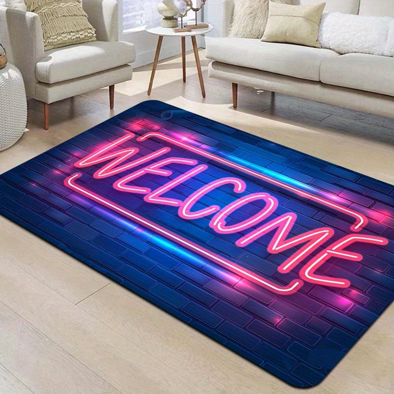 welcome neon light up doormat machine washable polyester rectangular floor mat with pvc backing non slip indoor rug for entryway living room bedroom kitchen gaming room 8mm thickness details 9