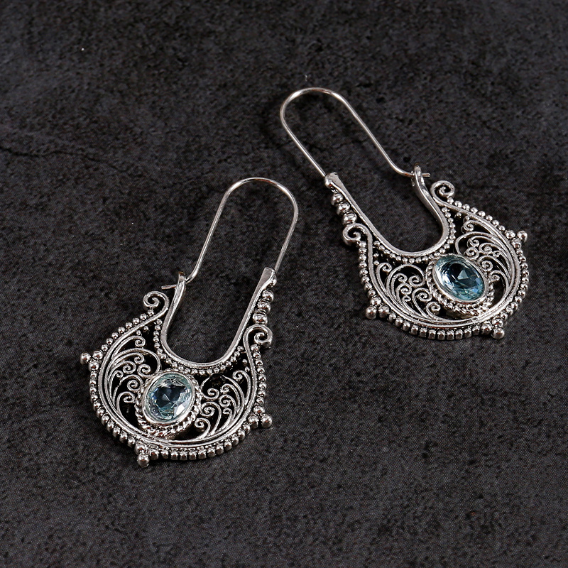 TEMU Bohemian Ethnic Style Dangle Earrings With Synthetic Zirconia Decoration - Silvery Plated Alloy Jewelry For Travel Souvenirs