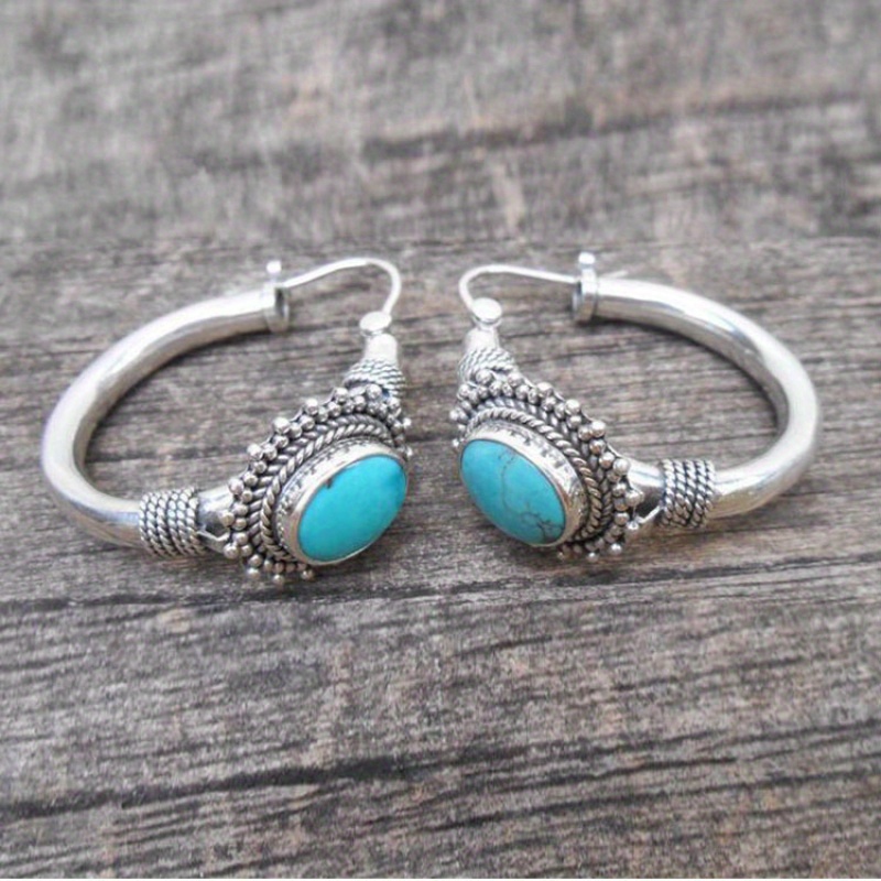 

A Pair Of -border Hot Selling European And American Fashion Retro Turquoise Earrings Bohemian Oval Earrings