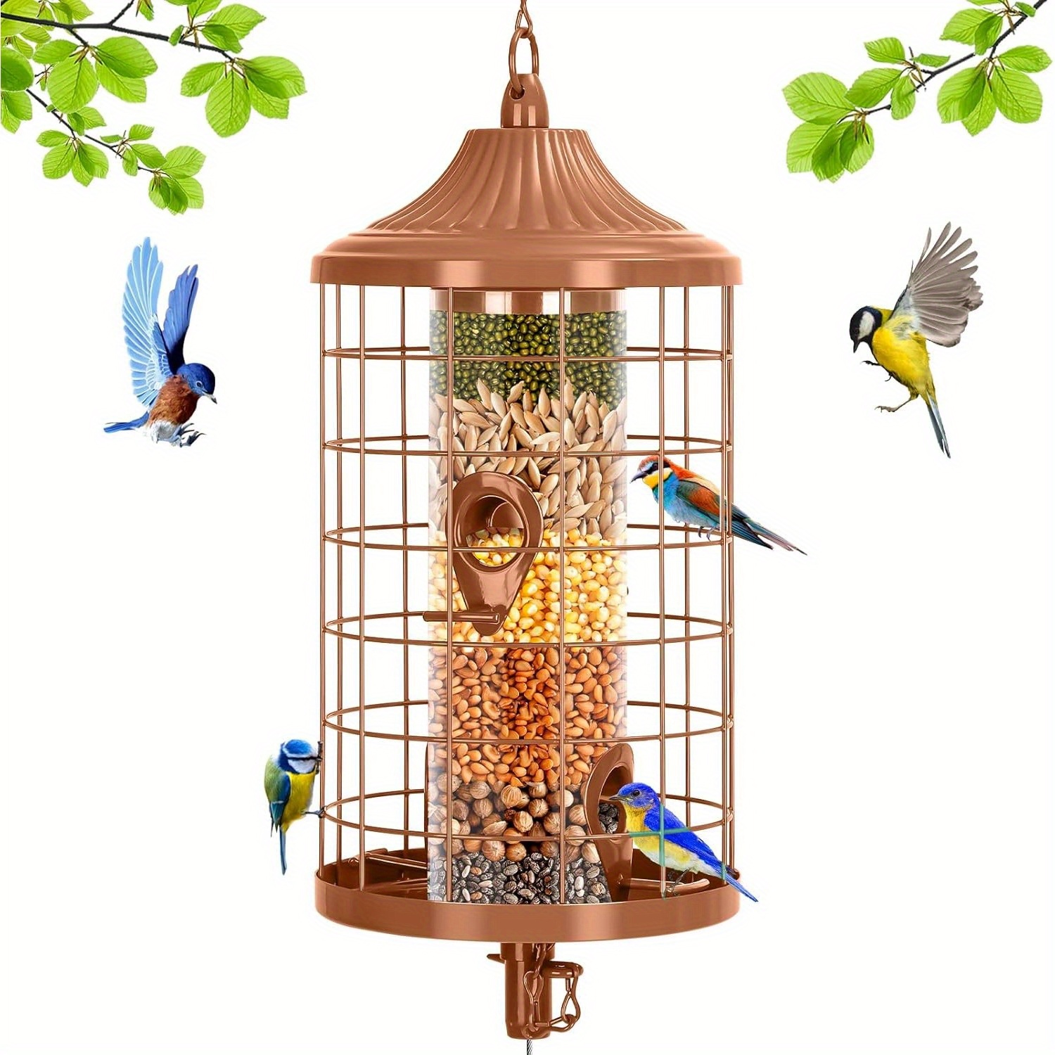 

Bird Feeder Squirrel Proof 3lbs Seed Capacity Bird Feeders With Drop-down Outdoors Hanging Wild Feeder For Small Birds Rust Resistant Heavy Duty 4 Brown