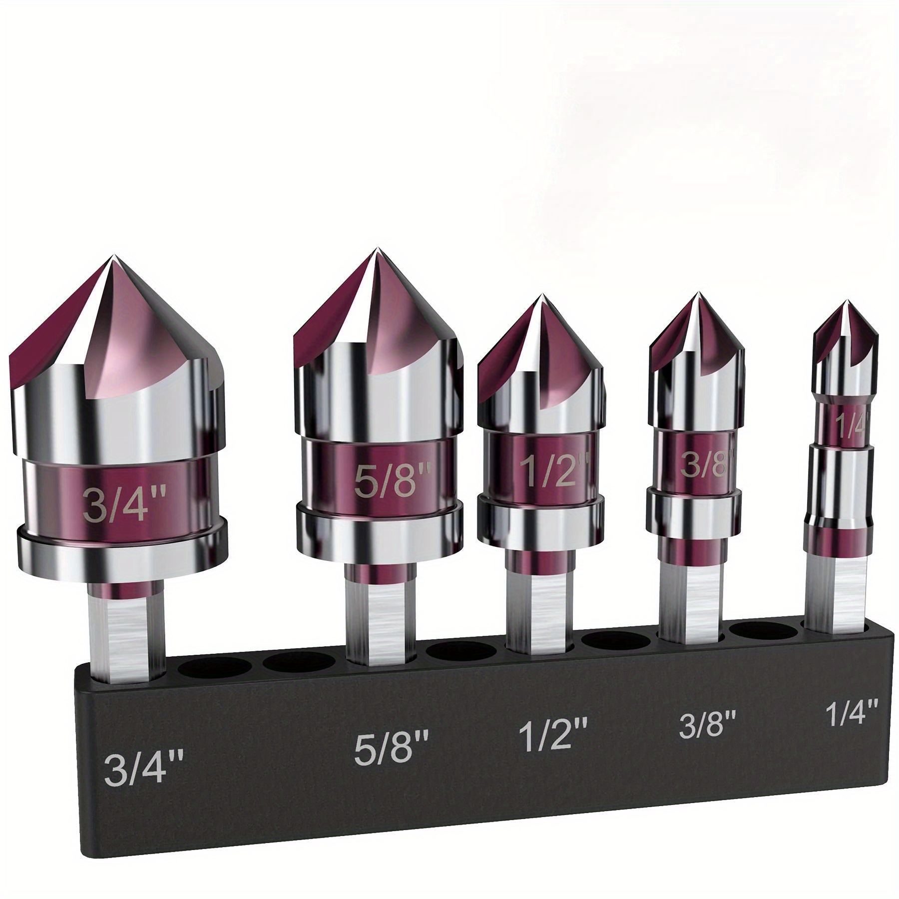 5pcs Countersink Drill Bit Set With 82° Angle, 1/4" Hex Shank - Versatile For Metal, Wood, And Plastic Drilling - Includes 1/4", 3/8", 1/2", 5/8" Sizes With Holder