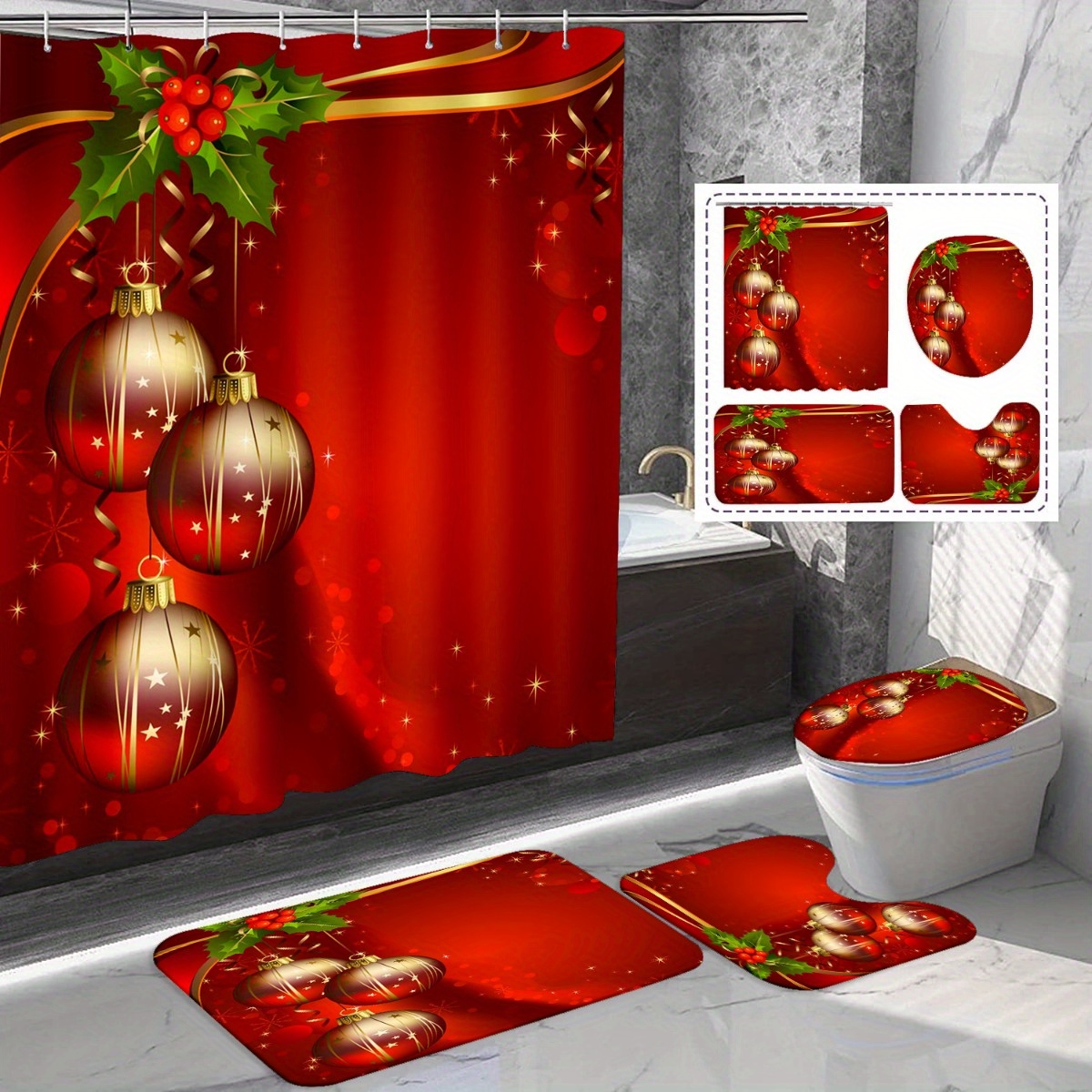 

1/4pcs Christmas Golden Christmas Ball Bath Curtain Set, Red Christmas Bathtub Decoration, Bath Mat Rug, Shaped Toilet Seat Cover, Waterproof Bath Curtain, 71x71in, Bathroom Home Decoration