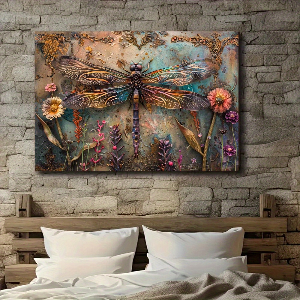 

3d Flowers Dragonfly Wood Frame Canvas Painting Wall Art Print, Waterproof Print Artwork, Home Decor For Living Room, Bedroom, Office, Kitchen, Dining Room And Bar - Unique Pattern Wall Art Decor.