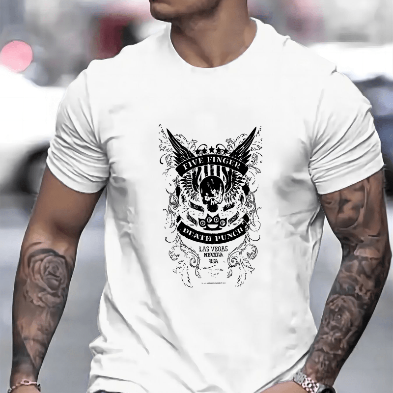 

Men's Summer Casual Fashion Short Sleeve Crew Neck T-shirt With 5 Las Vegas Print - Knit Polyester Blend Fabric, Slight Stretch, Regular Fit