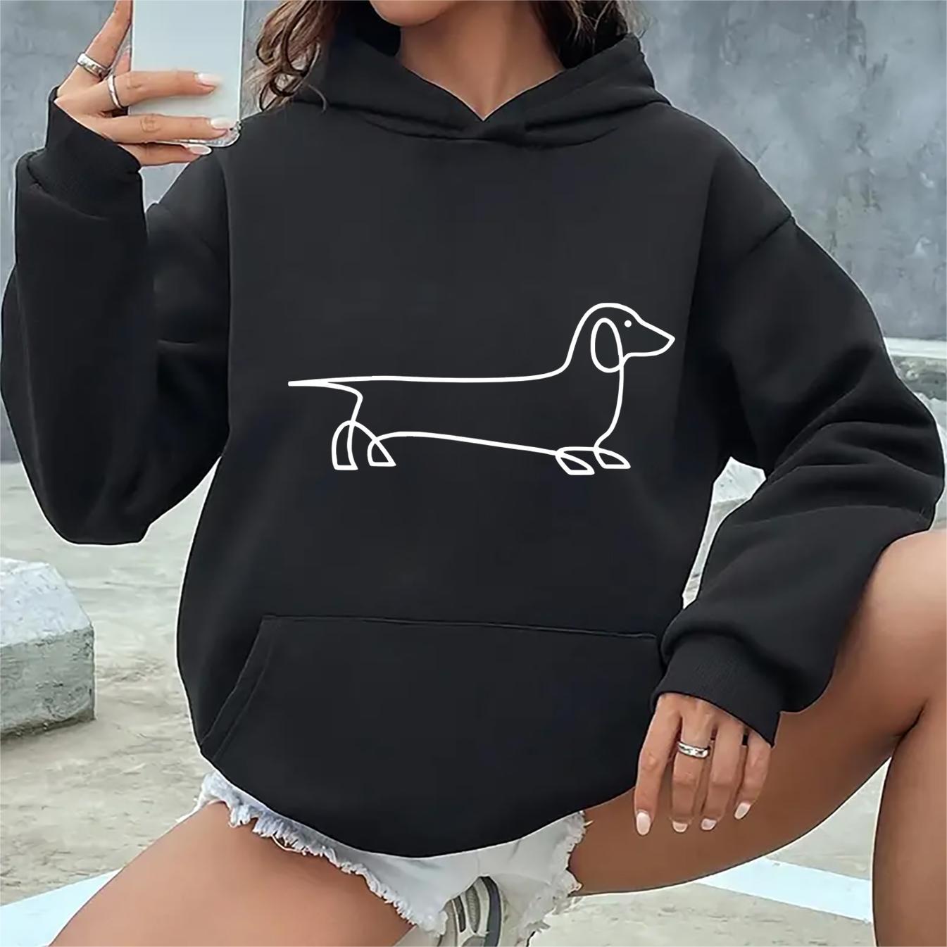 

Women's Polyester Hooded Sweatshirt With Dachshund Outline - Knit Fabric, Polyester 100%, Casual Pullover, Crew Neck With Slight Stretch, All-season Comfort, Geometric Pattern Design, Kangaroo Pocket