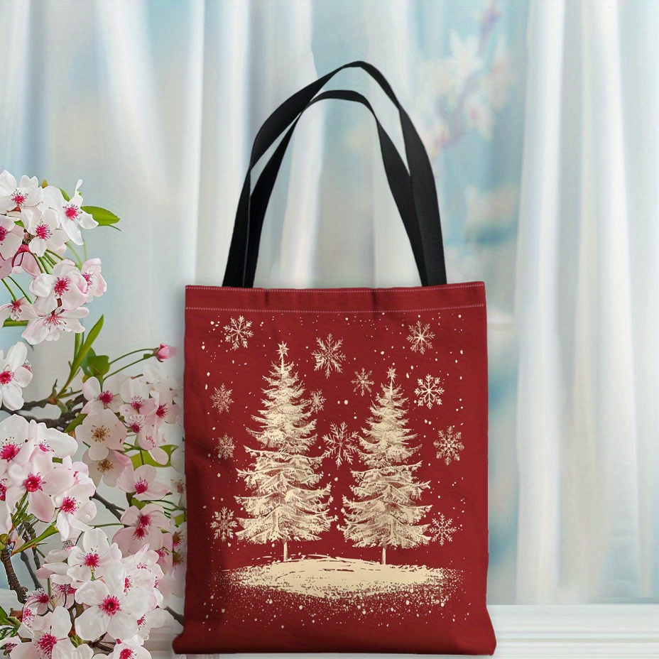 

1pc Polyester Tote Bag With Christmas Tree Print, Machine Washable, Unlined, No-closure Shoulder Bag For Shopping And Reusable Use