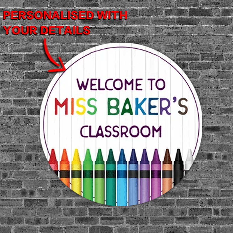 

Personalized Teacher's Crayon Metal Sign - Custom Name Wall Art For Classroom Decor, 8x8 Inch Aluminum Door Plaque